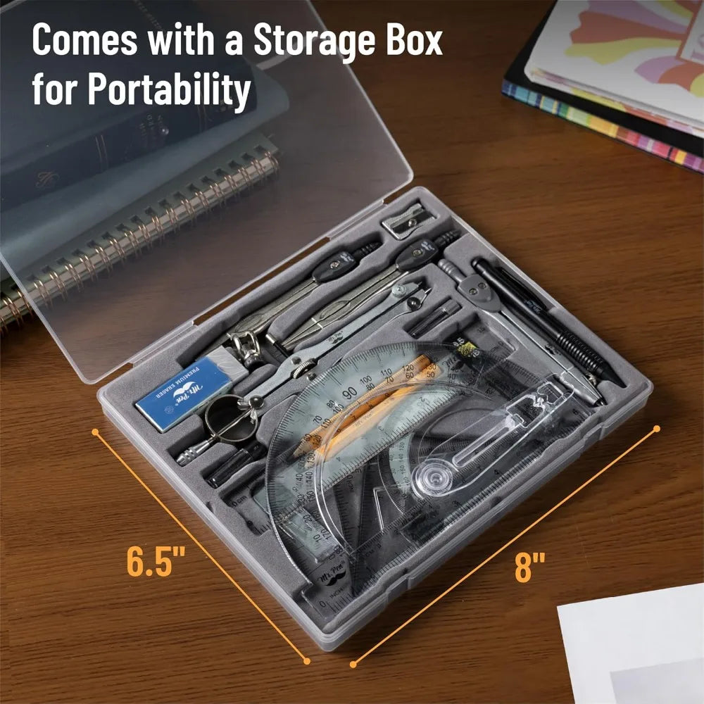 Geometry Set 15 Piece with 6 Inch Swing Arm Protractor, Divider, Set Squares, Ruler, Compasses
