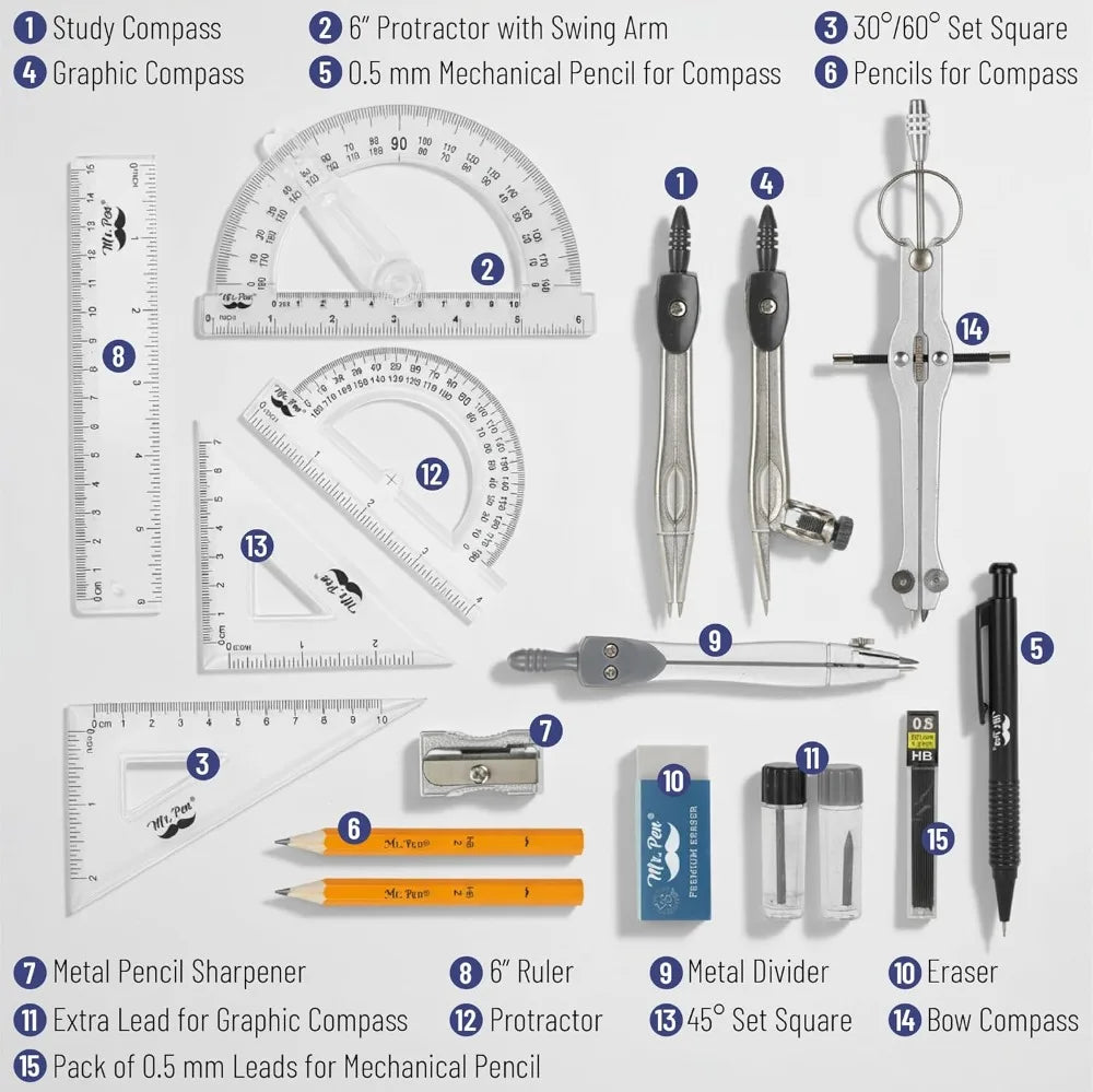 Geometry Set 15 Piece with 6 Inch Swing Arm Protractor, Divider, Set Squares, Ruler, Compasses