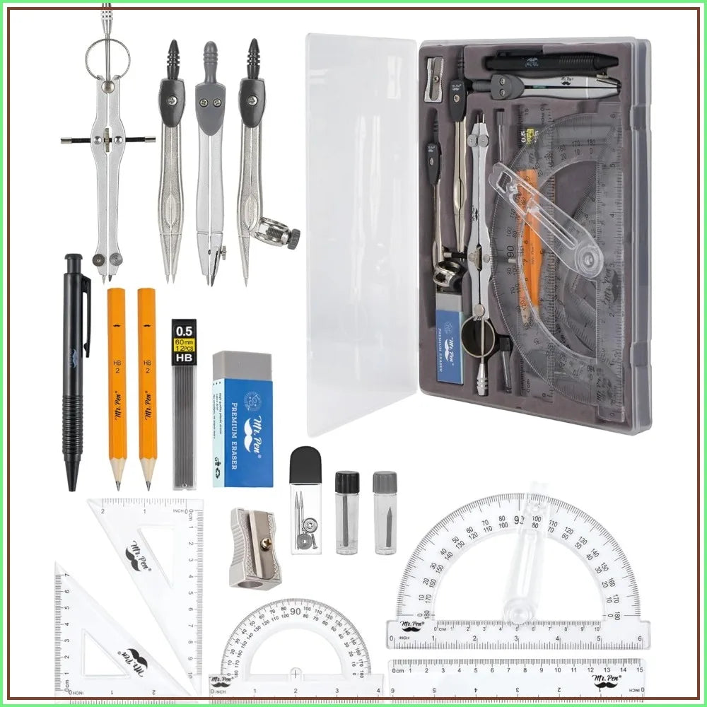 Geometry Set 15 Piece with 6 Inch Swing Arm Protractor, Divider, Set Squares, Ruler, Compasses