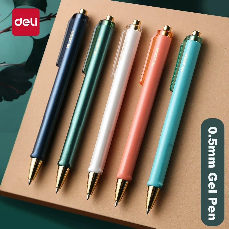 Deli Retractable Gel Pen Black Ink Smooth Writing Pen for Office School Home Stationery Business Signature Pens 0.5mm