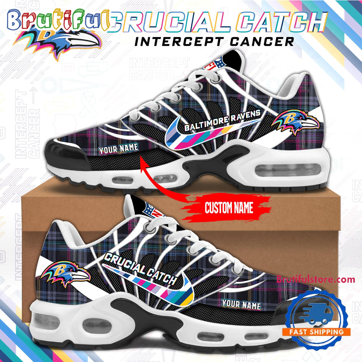 NFL Baltimore Ravens Crucial Catch Intercept Cancer Air Max Plus Shoes Sneaker